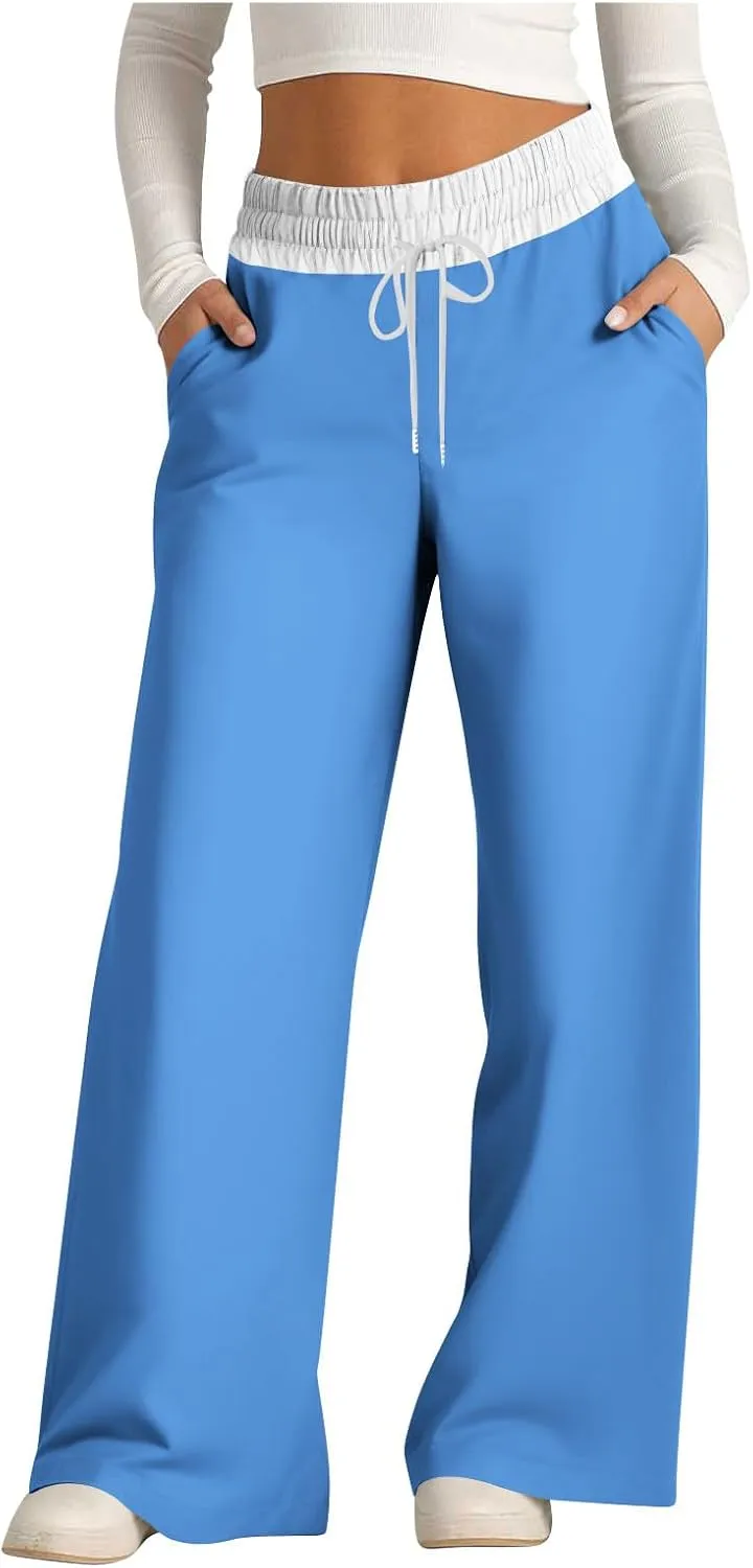 Wide Leg Pants for Women 2024 Stylish Drawstring Elastic High Waist Trousers Casual Color Block Baggy Fall Outfits