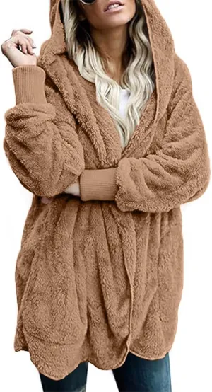 Winter Coats For Women Loose Hooded Jacket Plush Long Sleeve Cardigan Solid Color Coat