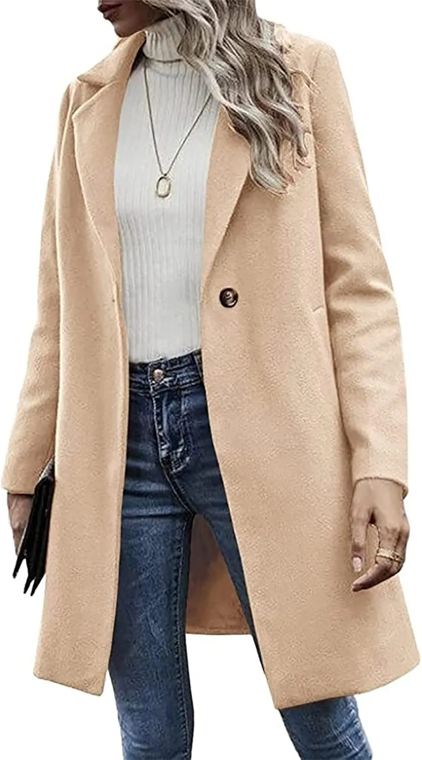 Winter Trench Coat for Women Singe Breasted Notched Lapel Collar Wool Coats Mid Long Oversized Over Coats Jackets