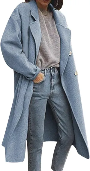 Winter Trench Coats for Women Double Breasted Thick Long Wool Coat Notch Lapel Overcoats Slim Pea Jacket With Belts
