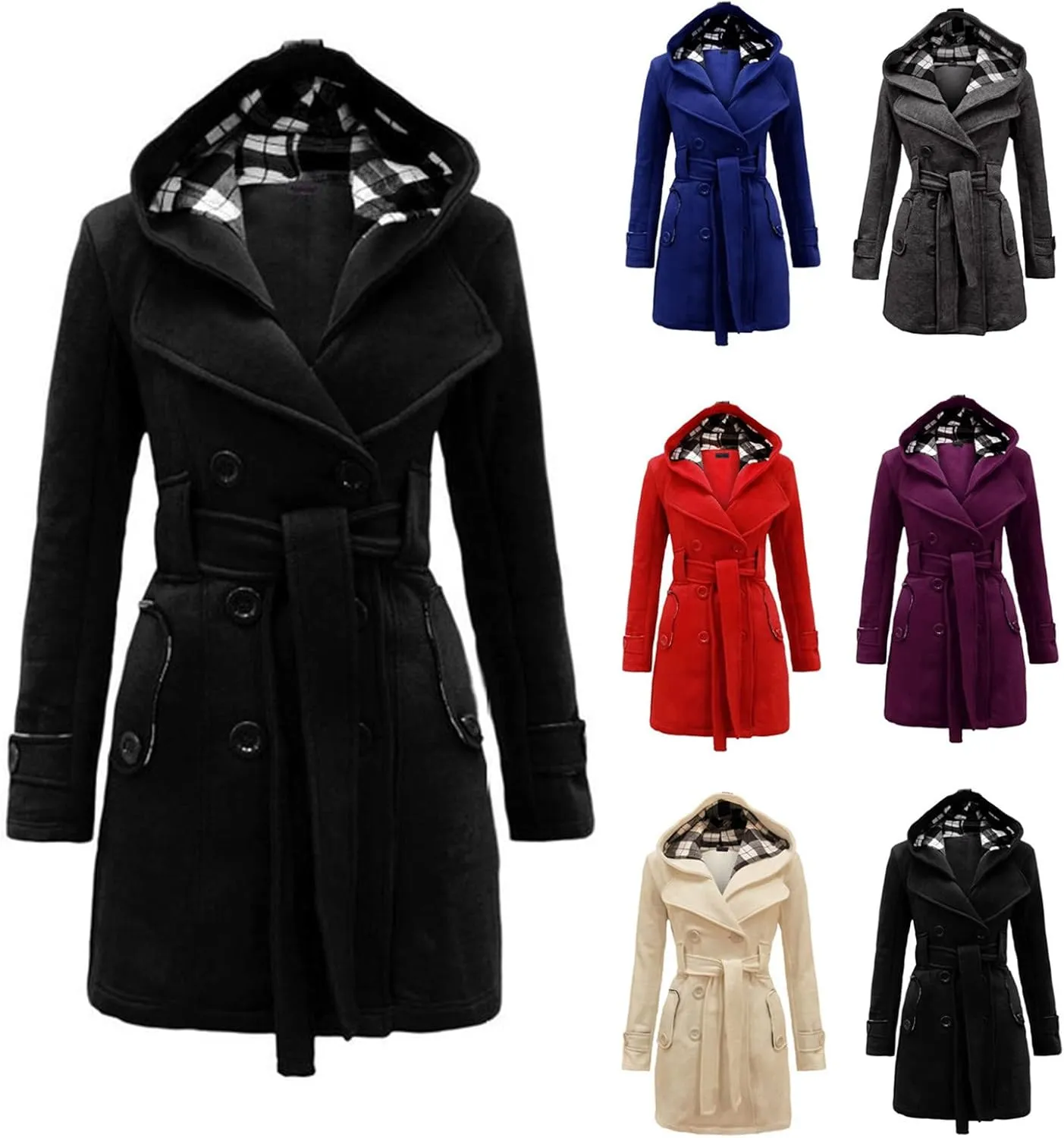 Winter Trench Coats for Women Hooded Long Double Breasted Pea Coat Wool Blend Warm Soft Overcoat Outwear with Pocket