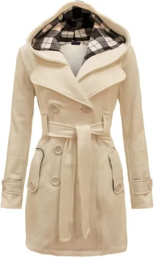Winter Trench Coats for Women Hooded Long Double Breasted Pea Coat Wool Blend Warm Soft Overcoat Outwear with Pocket