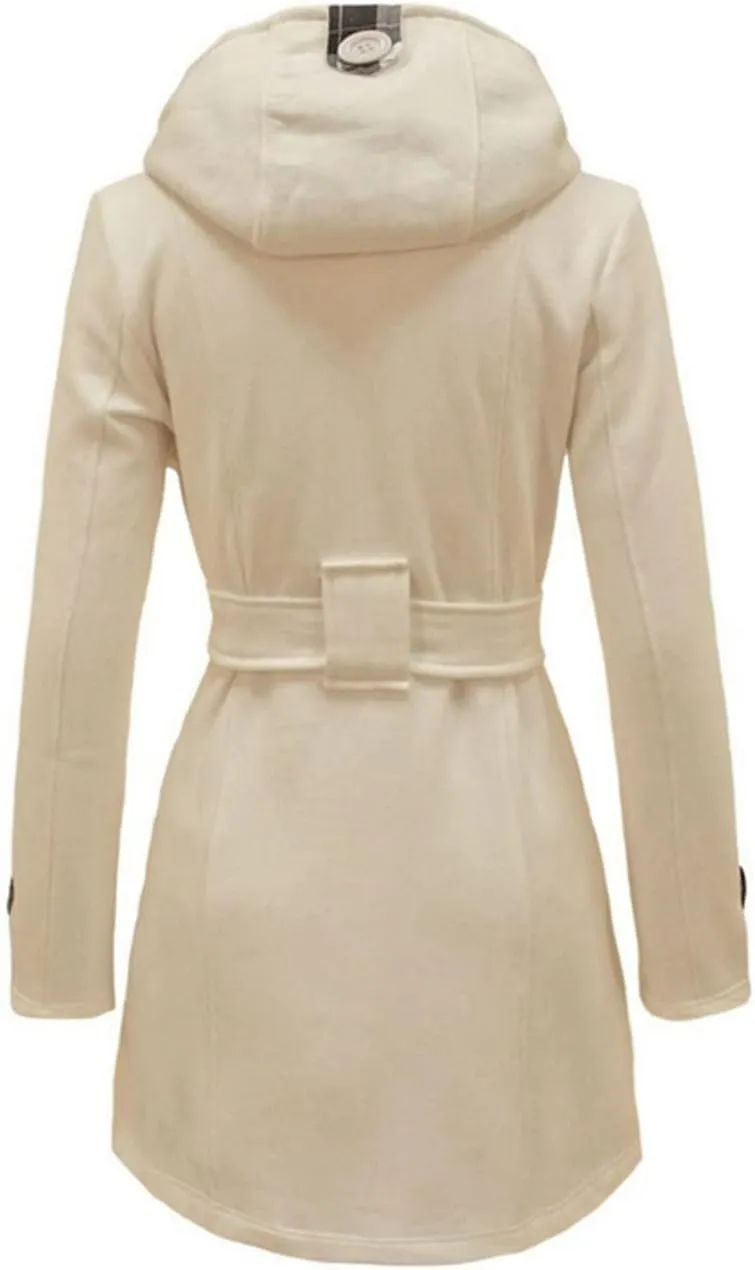 Winter Trench Coats for Women Hooded Long Double Breasted Pea Coat Wool Blend Warm Soft Overcoat Outwear with Pocket