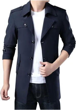Winter Warm Trench Coats for Men Fashion Lapel Single Breasted Casual Jackets Mid Length Outdoor Windproof Coat
