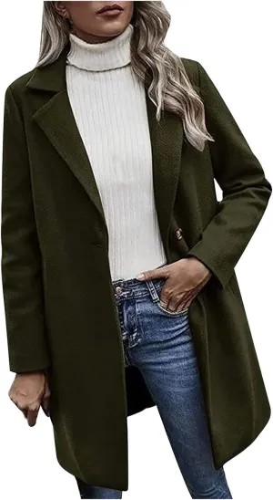 Winter Wool Coat for Women Notch Lapel Single-Breasted Trench Coats Long Sleeve Mid Length Pea Coats Fall Jacket