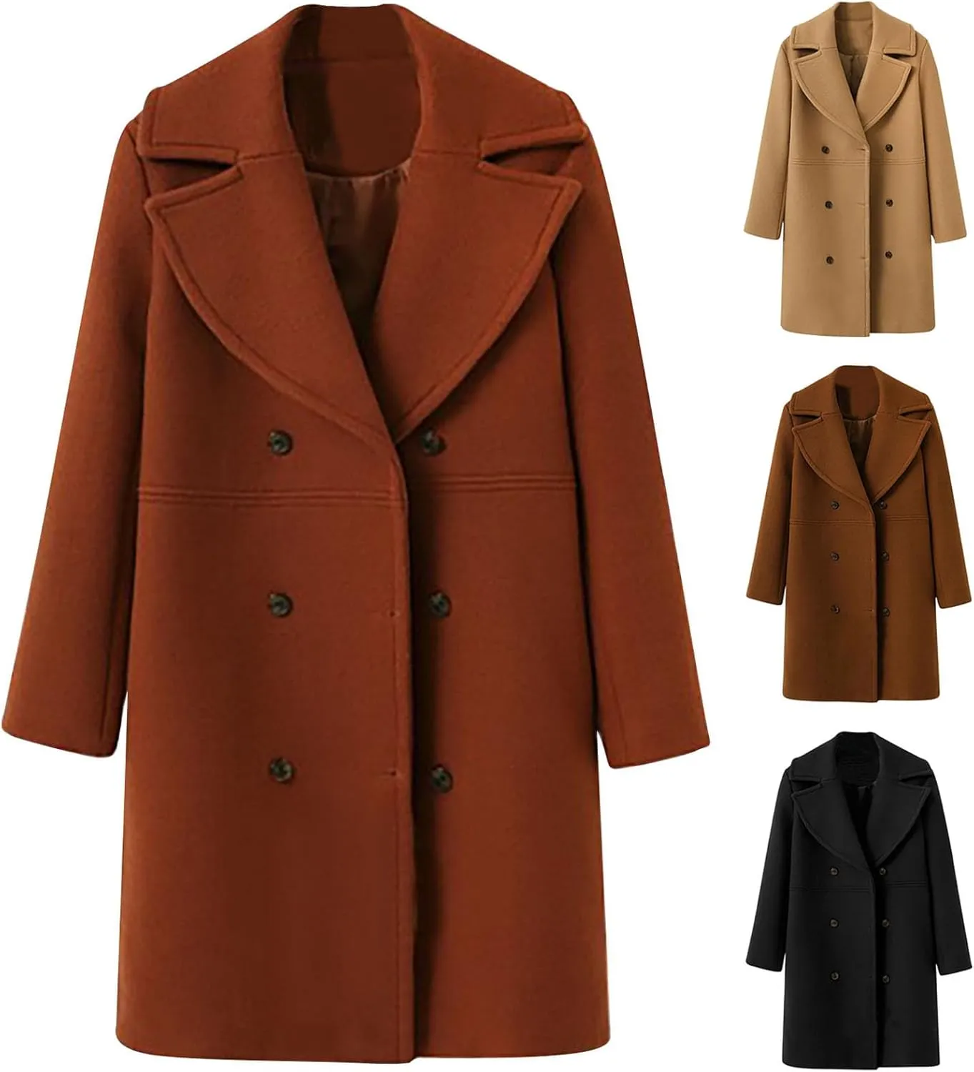 Winter Wool Coats for Women Elegant Double Breasted Mid Length Trench Coat Open Front Notched Collar Over Coat