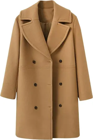 Winter Wool Coats for Women Elegant Double Breasted Mid Length Trench Coat Open Front Notched Collar Over Coat