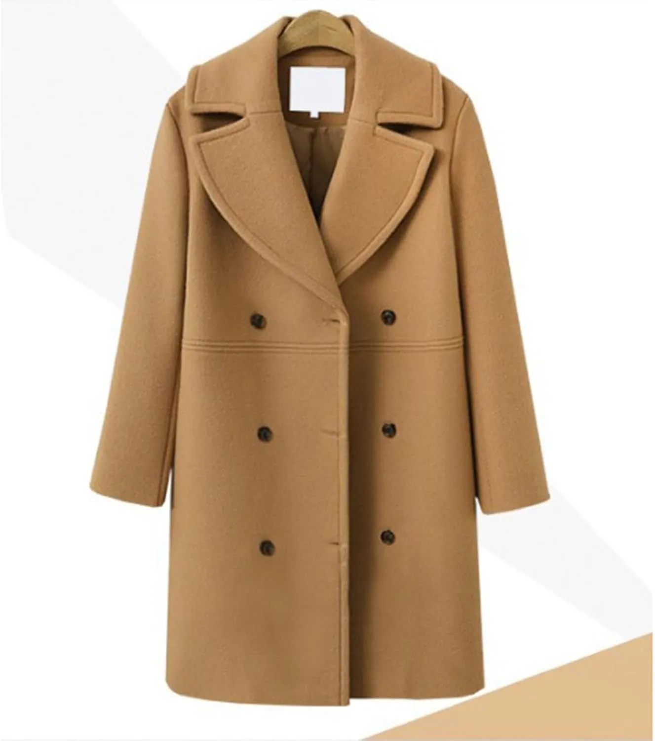 Winter Wool Coats for Women Elegant Double Breasted Mid Length Trench Coat Open Front Notched Collar Over Coat