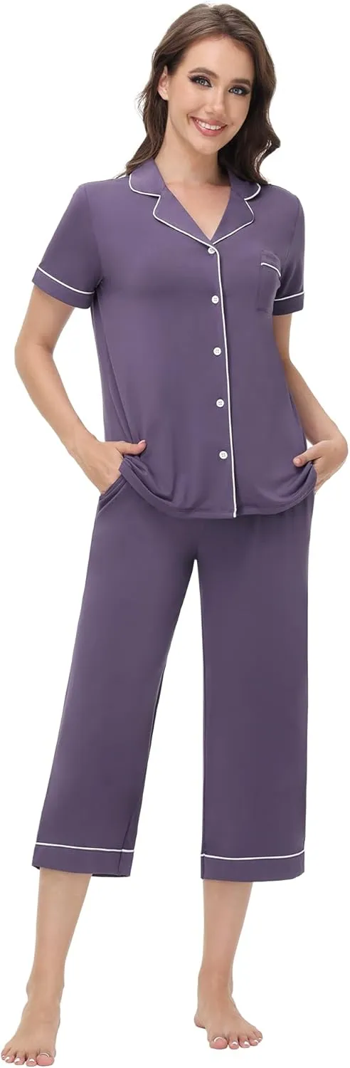 WiWi Viscose from Bamboo Soft Pajamas Set for Women Button Down Short Pajama Sets Plus Size Pjs Shorts Sleepwear S-4X