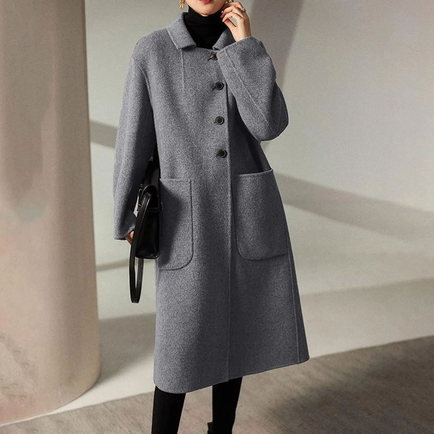 Wkishenl Long Coats for Women Trendy Notched Collar Single Breasted Pea Coat Elegant Work Office Mid Trench Coat with Pockets