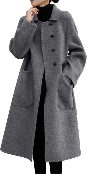 Wkishenl Long Coats for Women Trendy Notched Collar Single Breasted Pea Coat Elegant Work Office Mid Trench Coat with Pockets