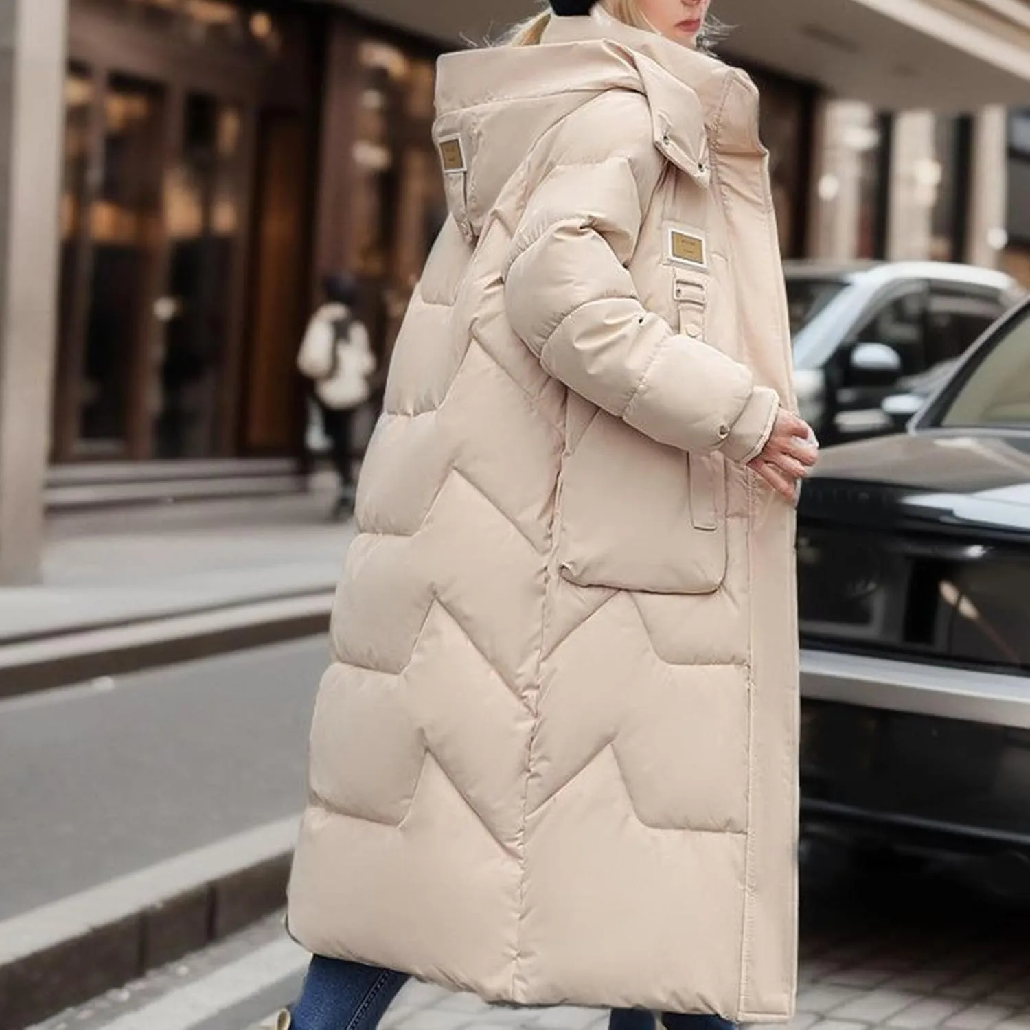 Wkishenl Long Puffer Coat Women Winter Coats Thickened Maxi Parka Jacket Full Zip Knee Length Quilted Outerwear with Hood
