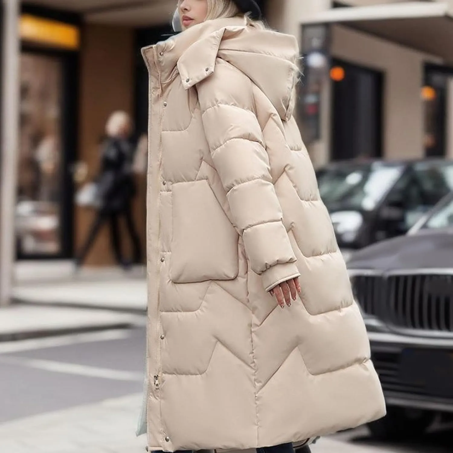 Wkishenl Long Puffer Coat Women Winter Coats Thickened Maxi Parka Jacket Full Zip Knee Length Quilted Outerwear with Hood