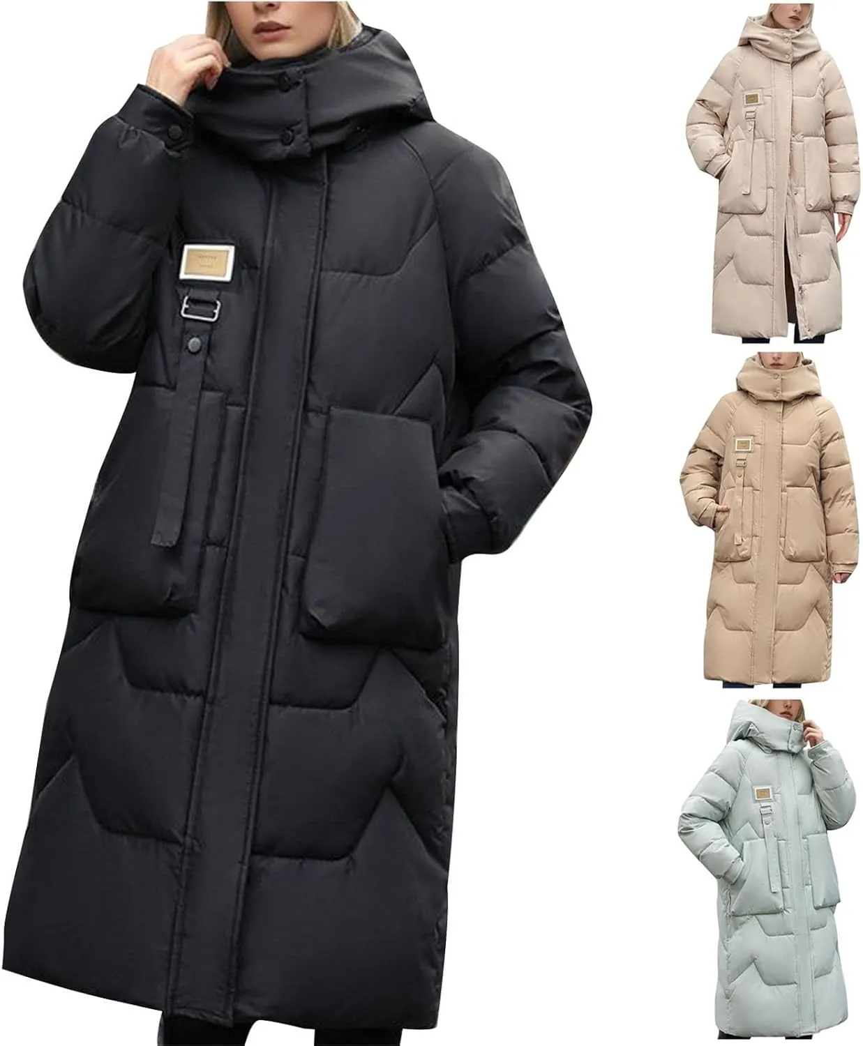 Wkishenl Long Puffer Coat Women Winter Coats Thickened Maxi Parka Jacket Full Zip Knee Length Quilted Outerwear with Hood