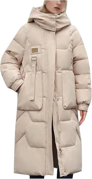 Wkishenl Long Puffer Coat Women Winter Coats Thickened Maxi Parka Jacket Full Zip Knee Length Quilted Outerwear with Hood