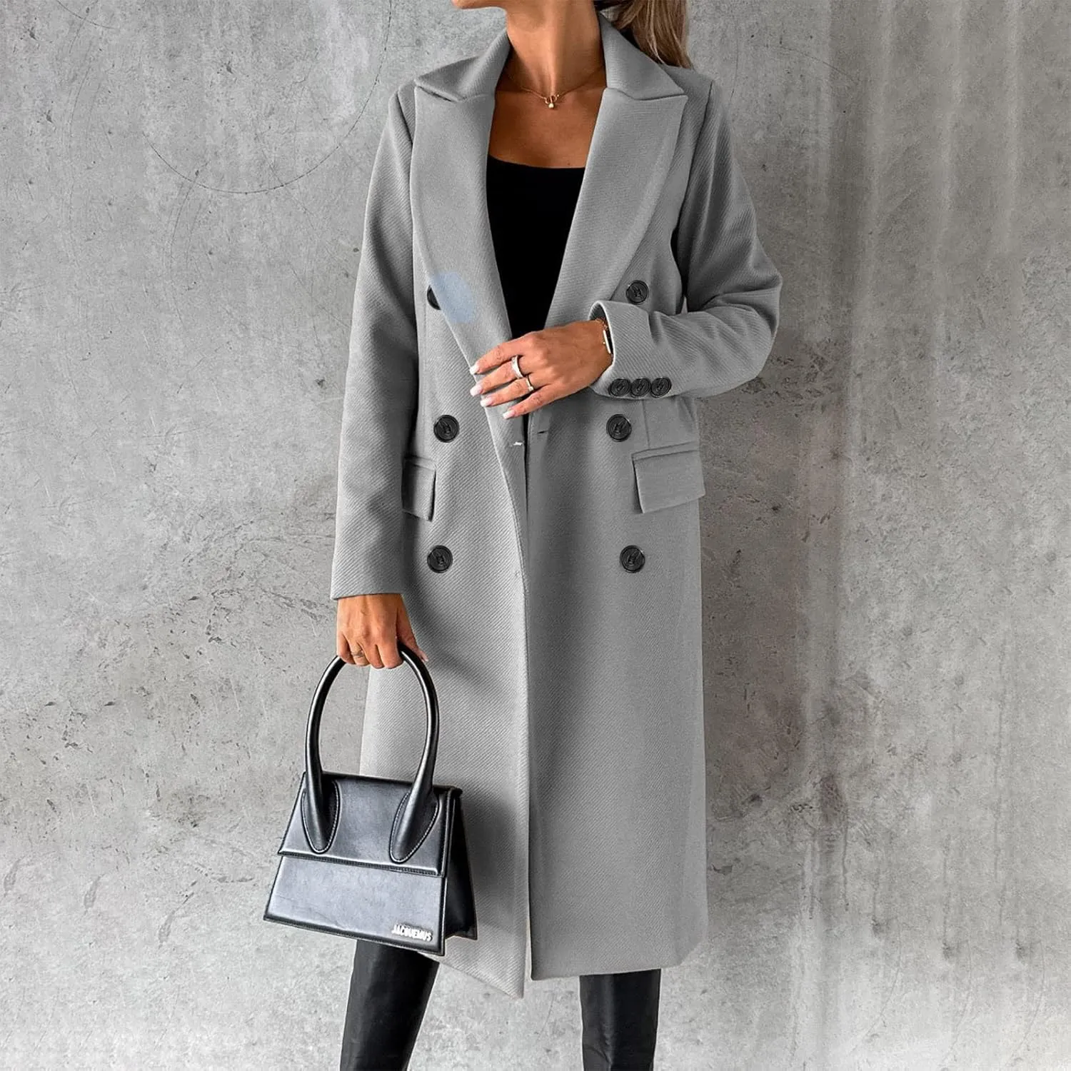 Wkishenl Long Winter Coats for Women Casual Notch Lapel Double-Breasted Peacoat Elegant Work Office Trench Coat with Pockets
