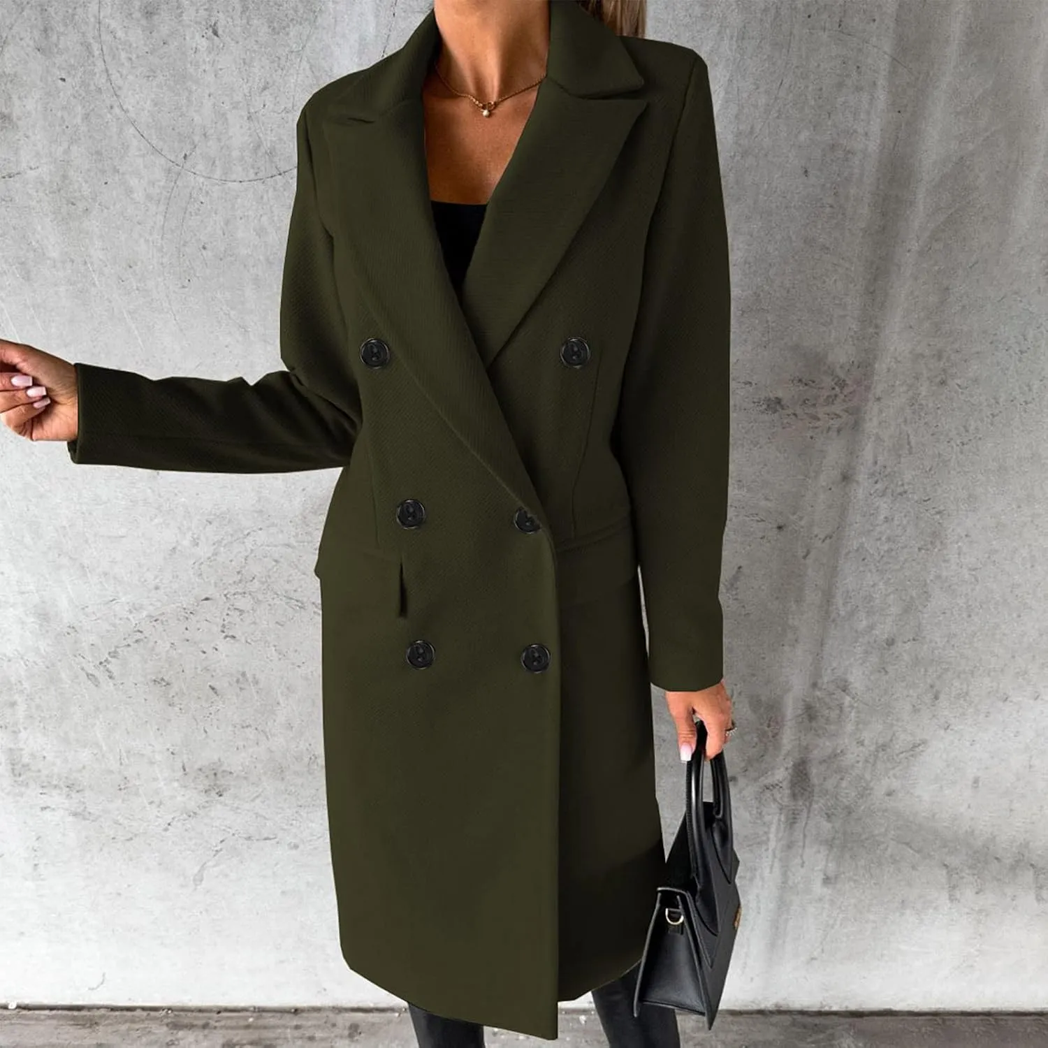 Wkishenl Long Winter Coats for Women Casual Notch Lapel Double-Breasted Peacoat Elegant Work Office Trench Coat with Pockets