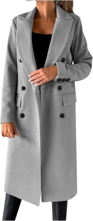 Wkishenl Long Winter Coats for Women Casual Notch Lapel Double-Breasted Peacoat Elegant Work Office Trench Coat with Pockets