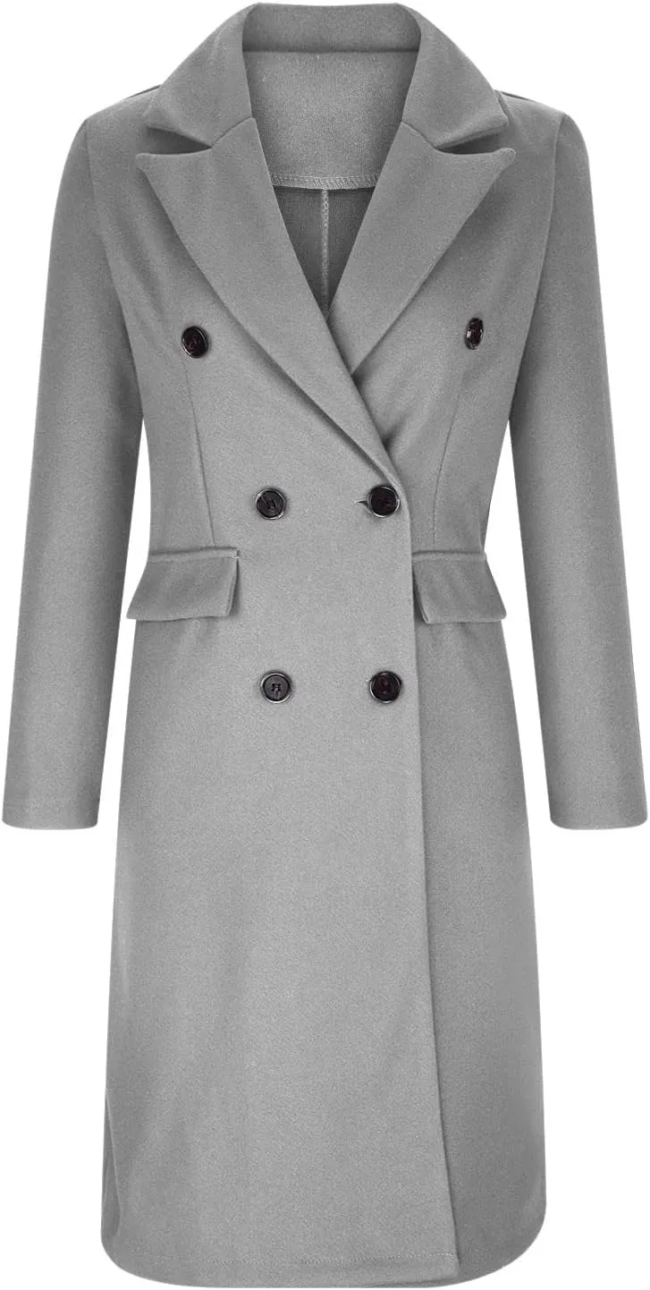 Wkishenl Long Winter Coats for Women Casual Notch Lapel Double-Breasted Peacoat Elegant Work Office Trench Coat with Pockets
