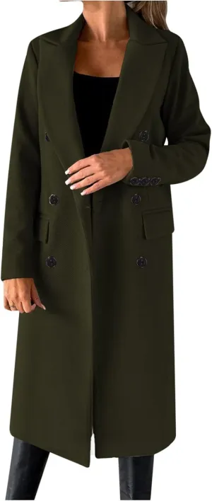 Wkishenl Long Winter Coats for Women Casual Notch Lapel Double-Breasted Peacoat Elegant Work Office Trench Coat with Pockets