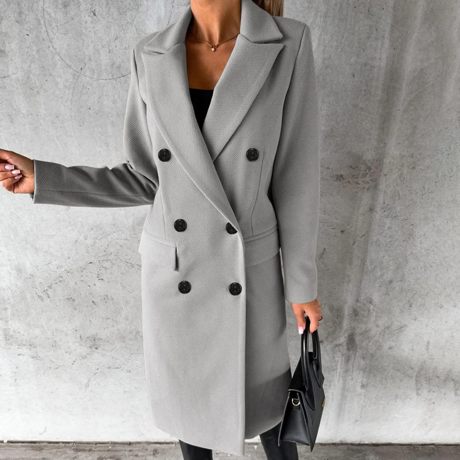 Wkishenl Long Winter Coats for Women Casual Notch Lapel Double-Breasted Peacoat Elegant Work Office Trench Coat with Pockets