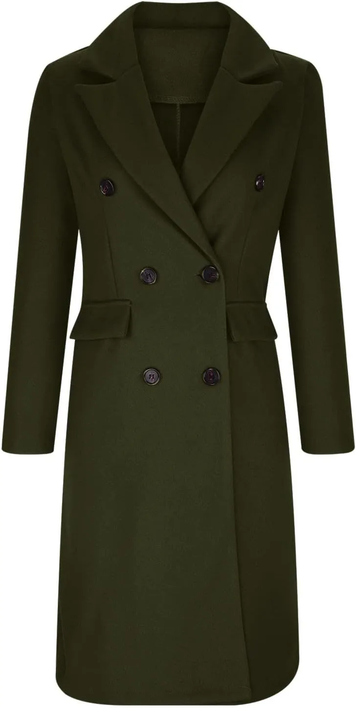 Wkishenl Long Winter Coats for Women Casual Notch Lapel Double-Breasted Peacoat Elegant Work Office Trench Coat with Pockets