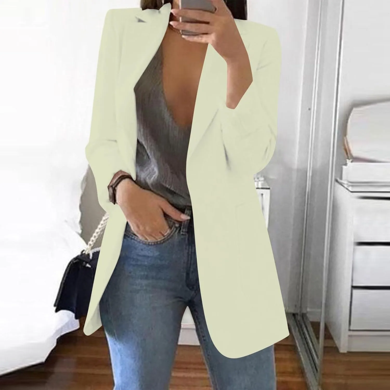Wkishenl Oversized Blazers for Women Trendy Long Sleeve Cardigan Coats Plus Size Solid Color Open Front Jackets Business Suit