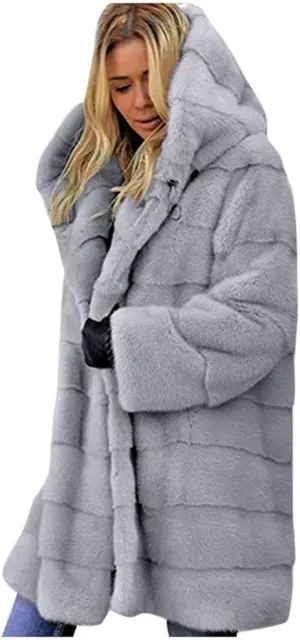 Wkishenl Plus Size Faux Fur Coat for Women Fluffy Fuzzy Shaggy Trench Coat Winter Warm Jacket Long Sleeve Outerwear with Hood
