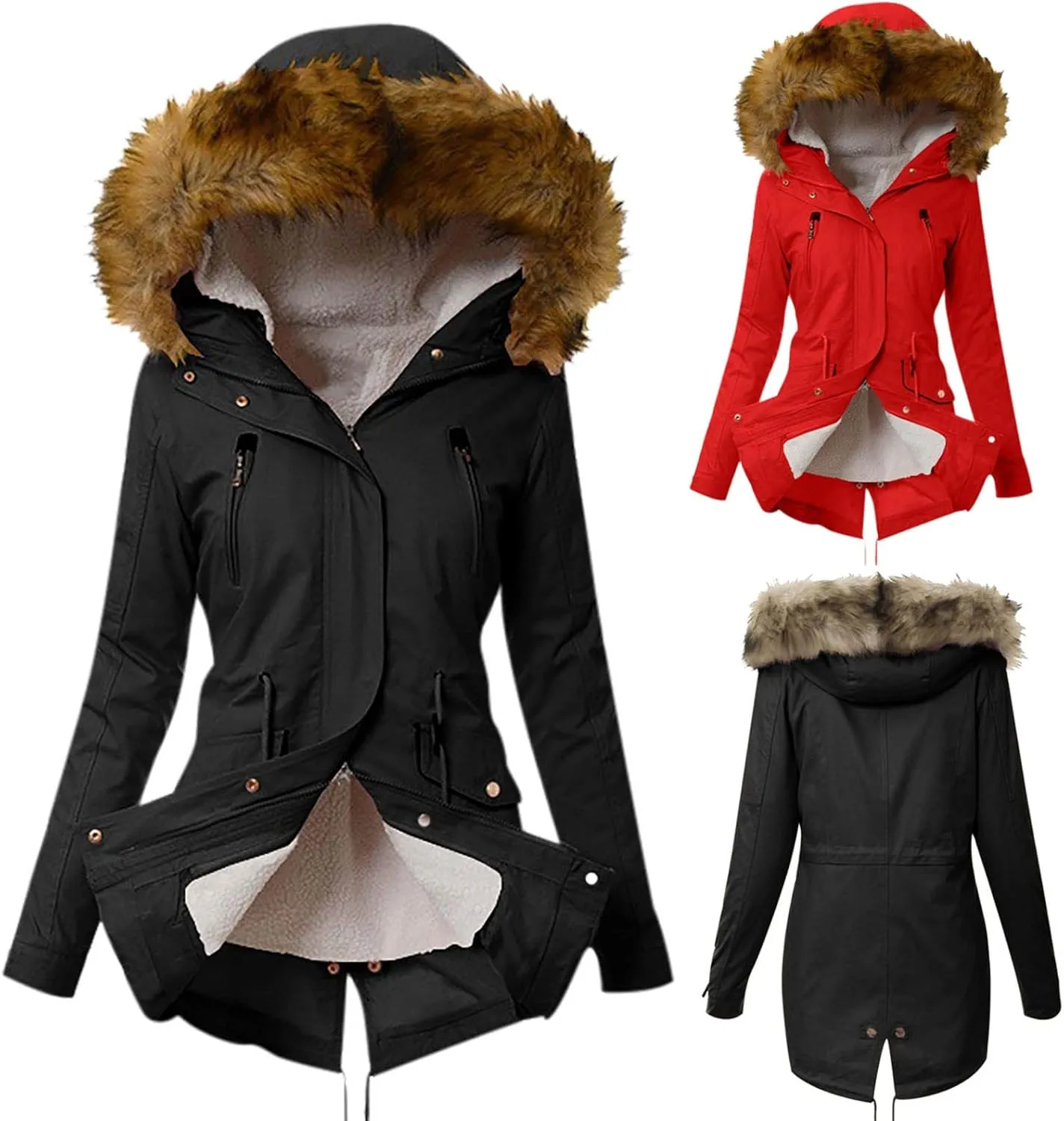 Wkishenl Winter Coats for Women 2024 Trendy Thicken Fleece Lined Parkas Anoraks Jacket Mid Length Outwear with Faux Fur Hood