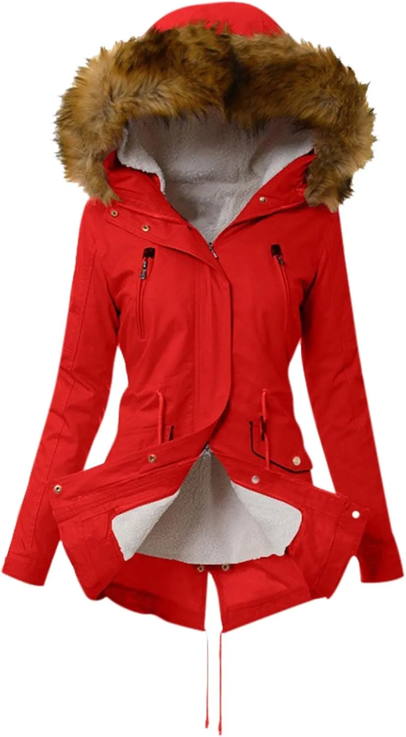 Wkishenl Winter Coats for Women 2024 Trendy Thicken Fleece Lined Parkas Anoraks Jacket Mid Length Outwear with Faux Fur Hood