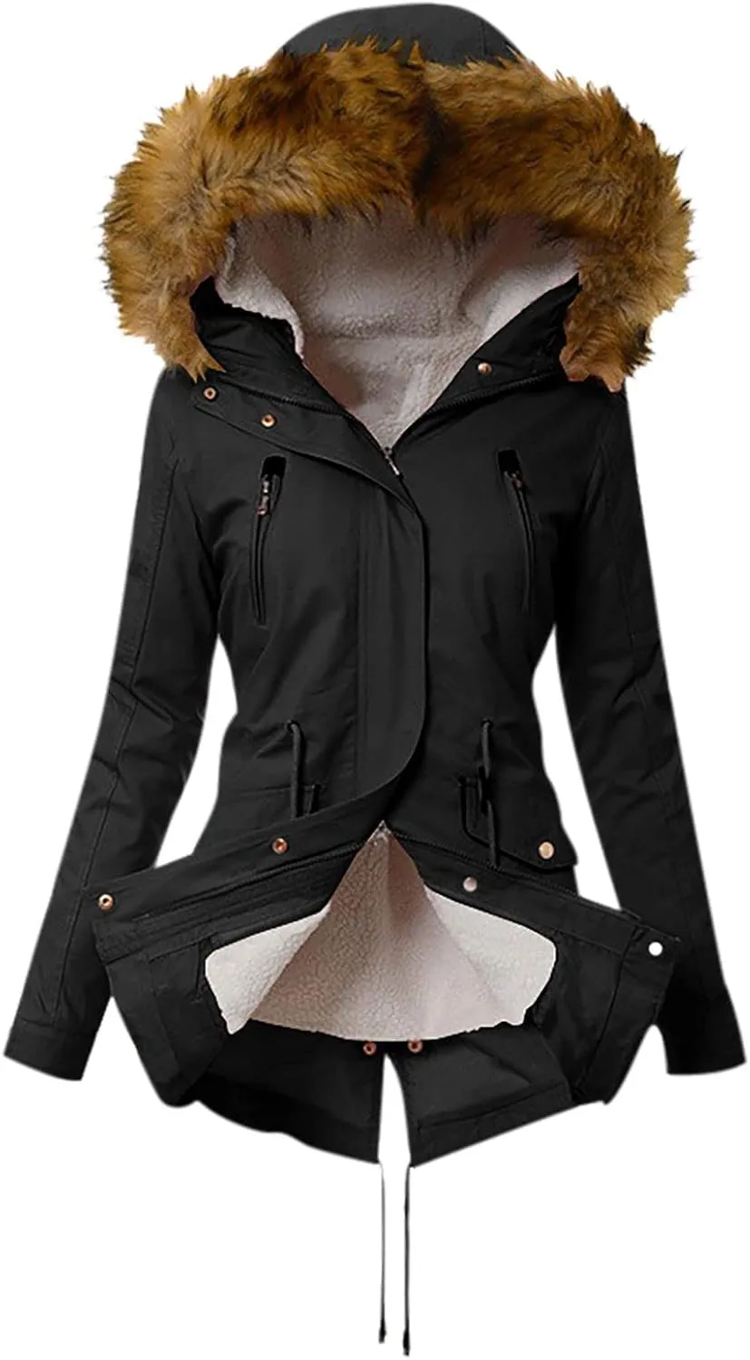 Wkishenl Winter Coats for Women 2024 Trendy Thicken Fleece Lined Parkas Anoraks Jacket Mid Length Outwear with Faux Fur Hood