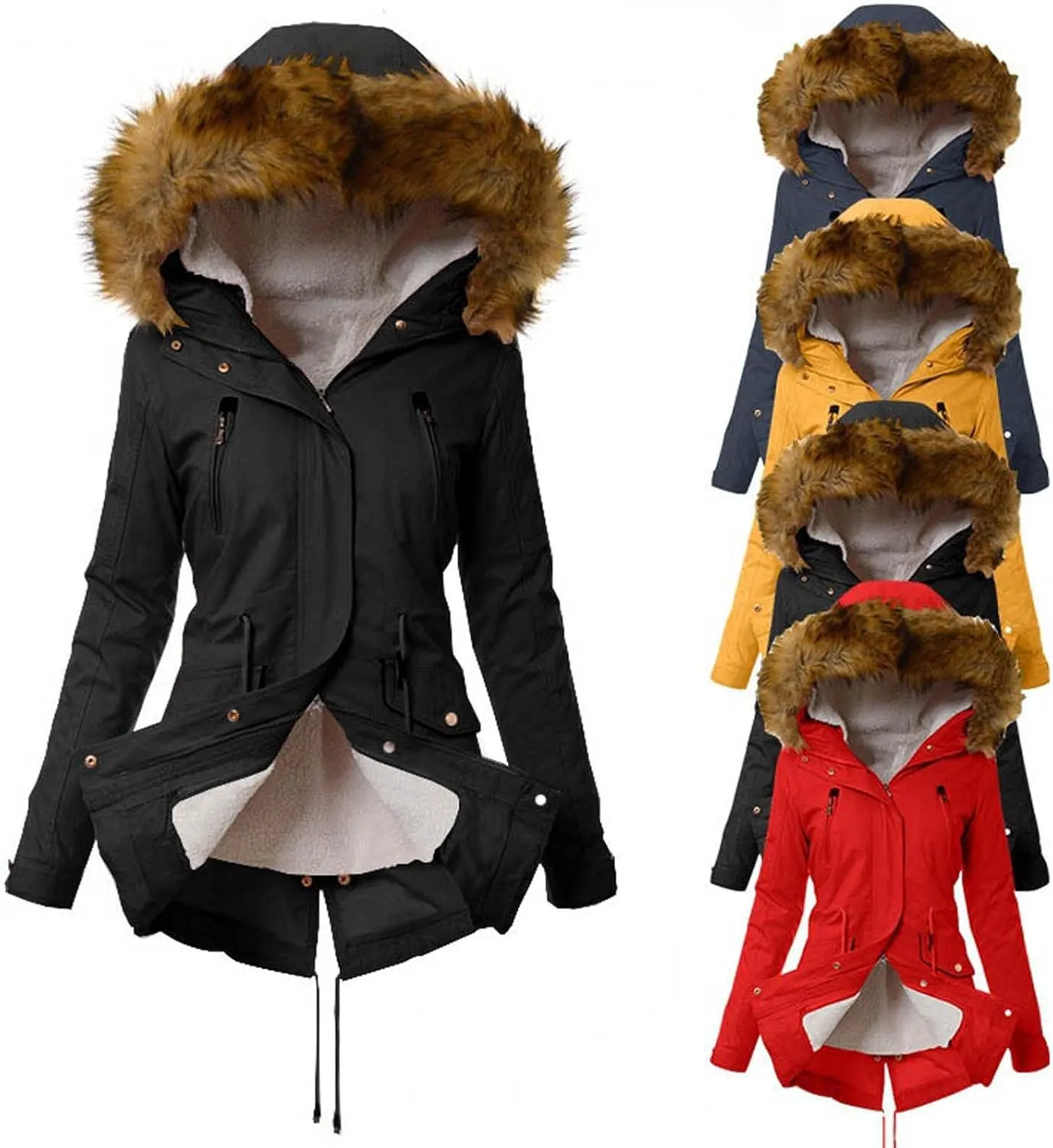 Wkishenl Winter Coats for Women 2024 Trendy Thicken Fleece Lined Parkas Anoraks Jacket Mid Length Outwear with Faux Fur Hood
