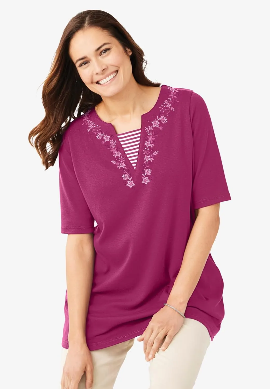 Woman Within Plus Size 7-Day Embroidered Layered-Look Tunic