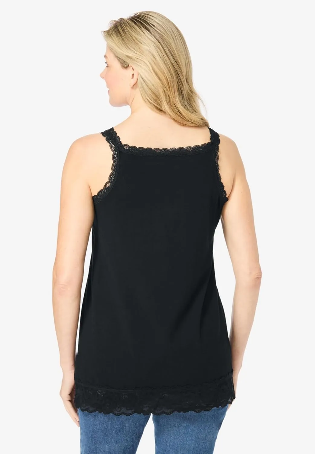 Woman Within Plus Size Lace-Trim V-Neck Tank