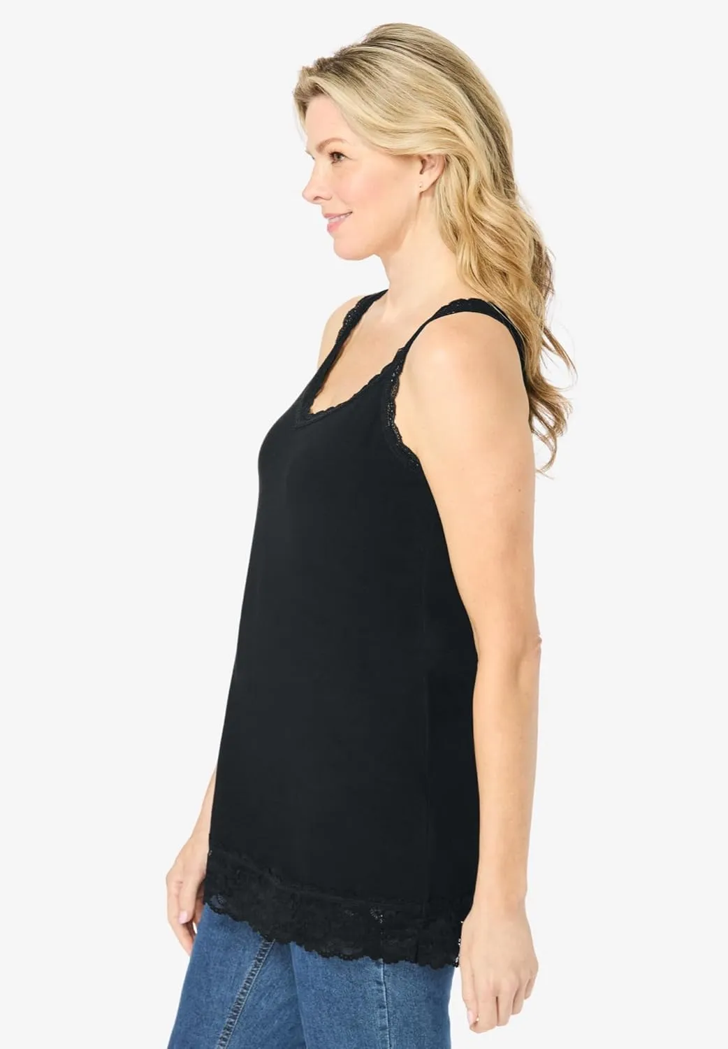 Woman Within Plus Size Lace-Trim V-Neck Tank