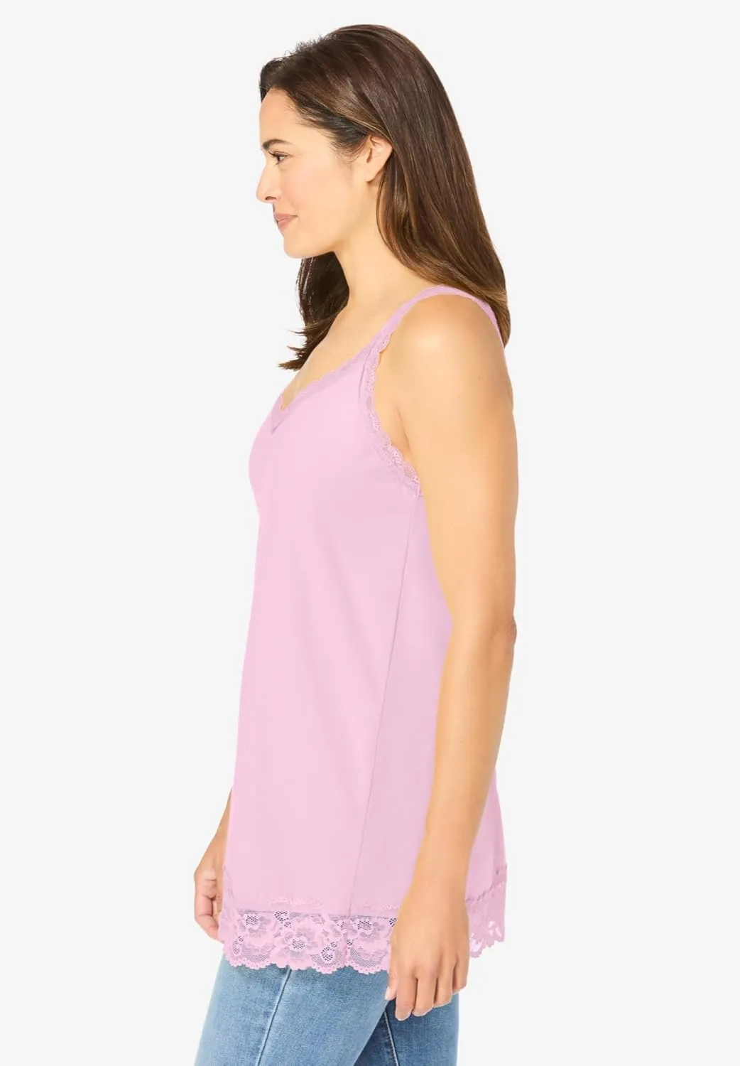 Woman Within Plus Size Lace-Trim V-Neck Tank