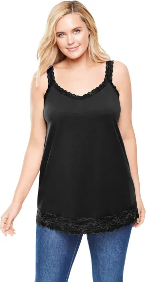 Woman Within Plus Size Lace-Trim V-Neck Tank