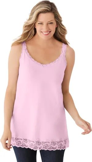 Woman Within Plus Size Lace-Trim V-Neck Tank