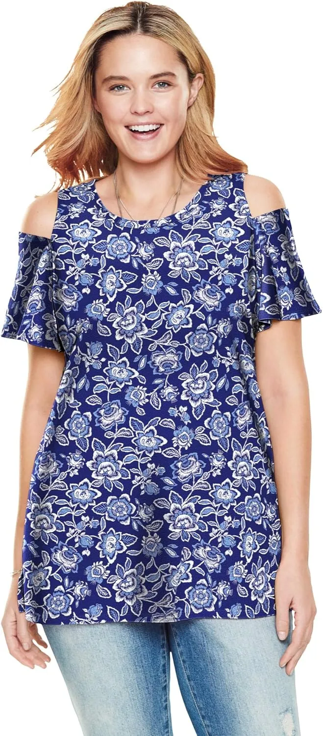 Woman Within Plus Size Short-Sleeve Cold-Shoulder Tee