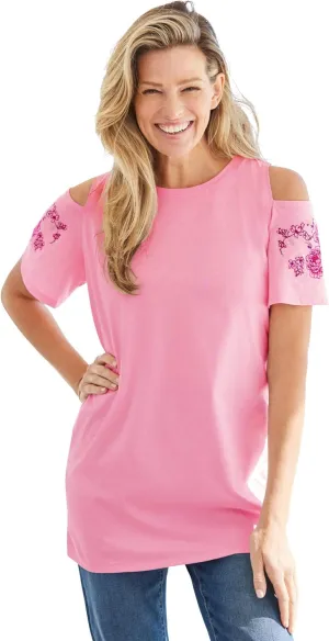 Woman Within Plus Size Short-Sleeve Cold-Shoulder Tee