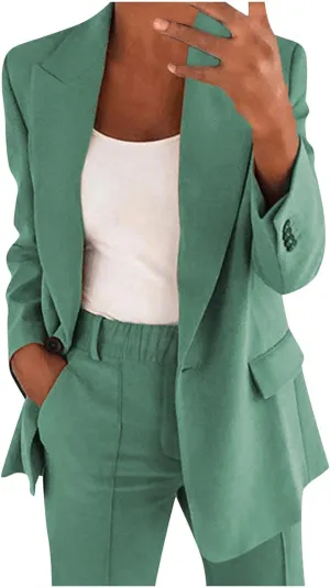 Women 2 Piece Plus Size Casual Blazers Open Front Long Sleeve Button Jackets and Pants Office Business Work Suit Set