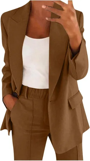 Women 2 Piece Plus Size Casual Blazers Open Front Long Sleeve Button Jackets and Pants Office Business Work Suit Set