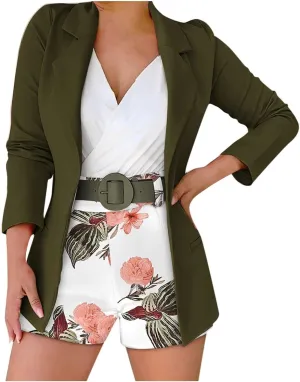 Women 3 Piece Outfits Long Sleeve Blazer Jacket and Floral Belted Shorts Set Business Suit Lounge Work Cardigan Coat