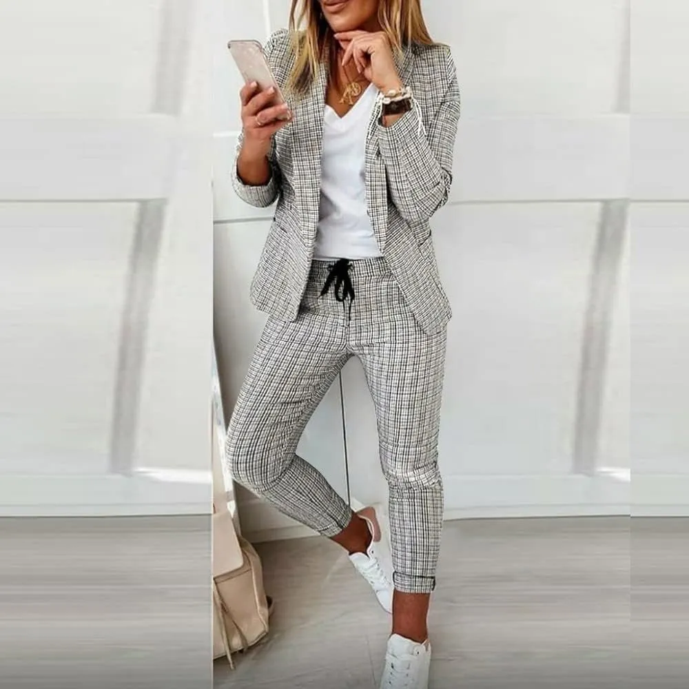 Women Blazer Set 2 Piece Outfits,Plaid Print Long Sleeve Blazer with Drawstring Pants Solid Business Casual Suit Set