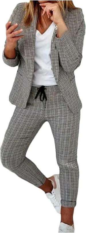 Women Blazer Set 2 Piece Outfits,Plaid Print Long Sleeve Blazer with Drawstring Pants Solid Business Casual Suit Set