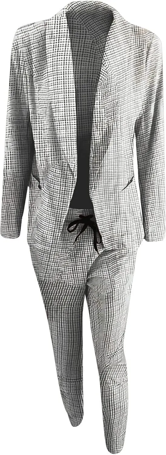 Women Blazer Set 2 Piece Outfits,Plaid Print Long Sleeve Blazer with Drawstring Pants Solid Business Casual Suit Set