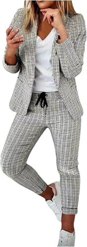Women Blazer Set 2 Piece Outfits,Plaid Print Long Sleeve Blazer with Drawstring Pants Solid Business Casual Suit Set