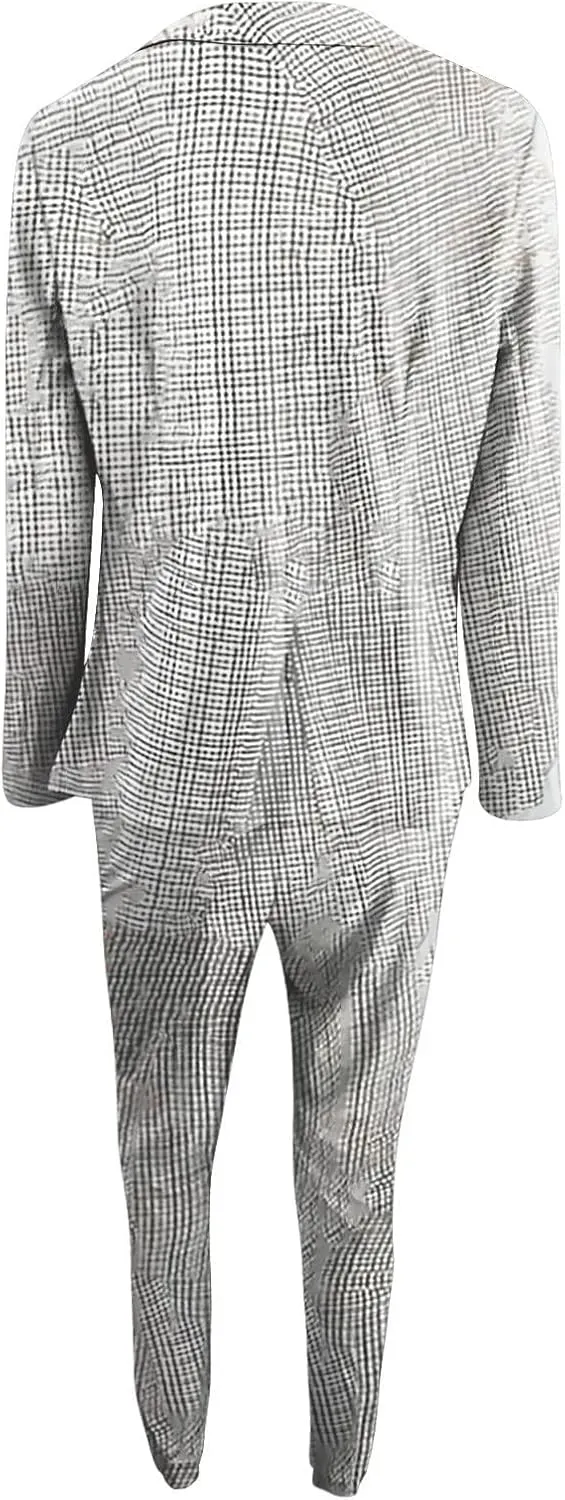 Women Blazer Set 2 Piece Outfits,Plaid Print Long Sleeve Blazer with Drawstring Pants Solid Business Casual Suit Set