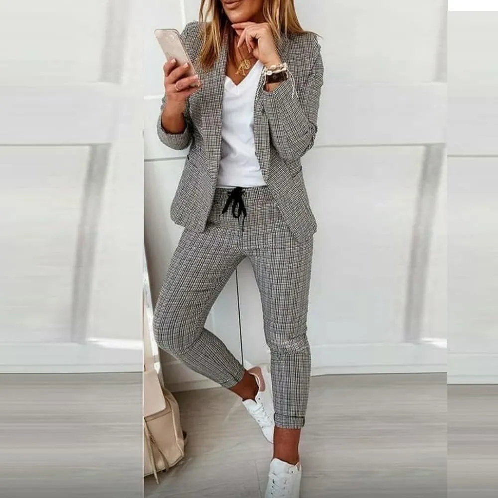 Women Blazer Set 2 Piece Outfits,Plaid Print Long Sleeve Blazer with Drawstring Pants Solid Business Casual Suit Set