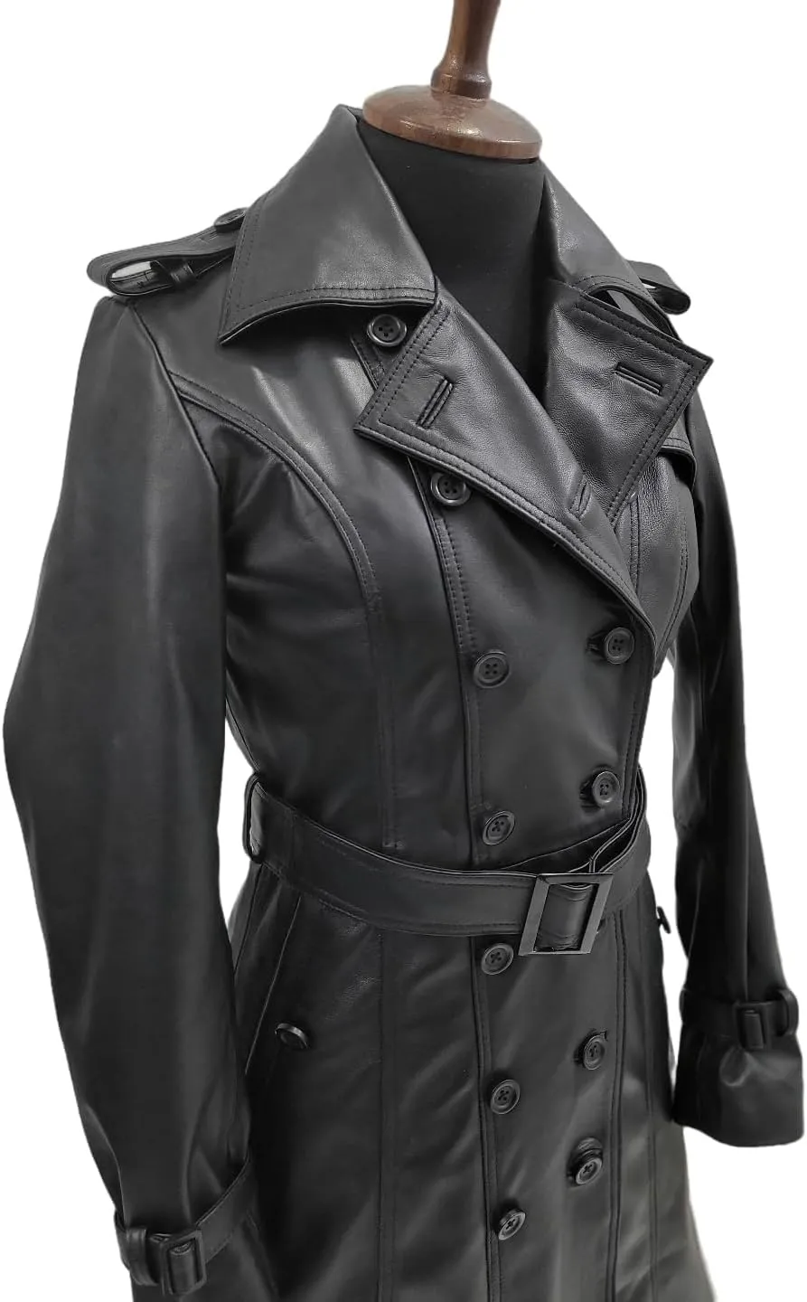 Women Designer Black Trench Leather Long Coat with Belt Trench Coat Slim Fit Style for Ladies